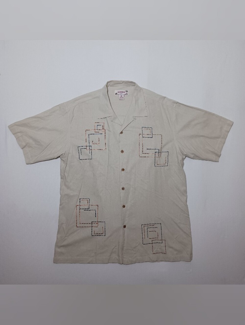 Vintage Summa Mens Silk Blend Camp Shirt XLT Cream Embroidered